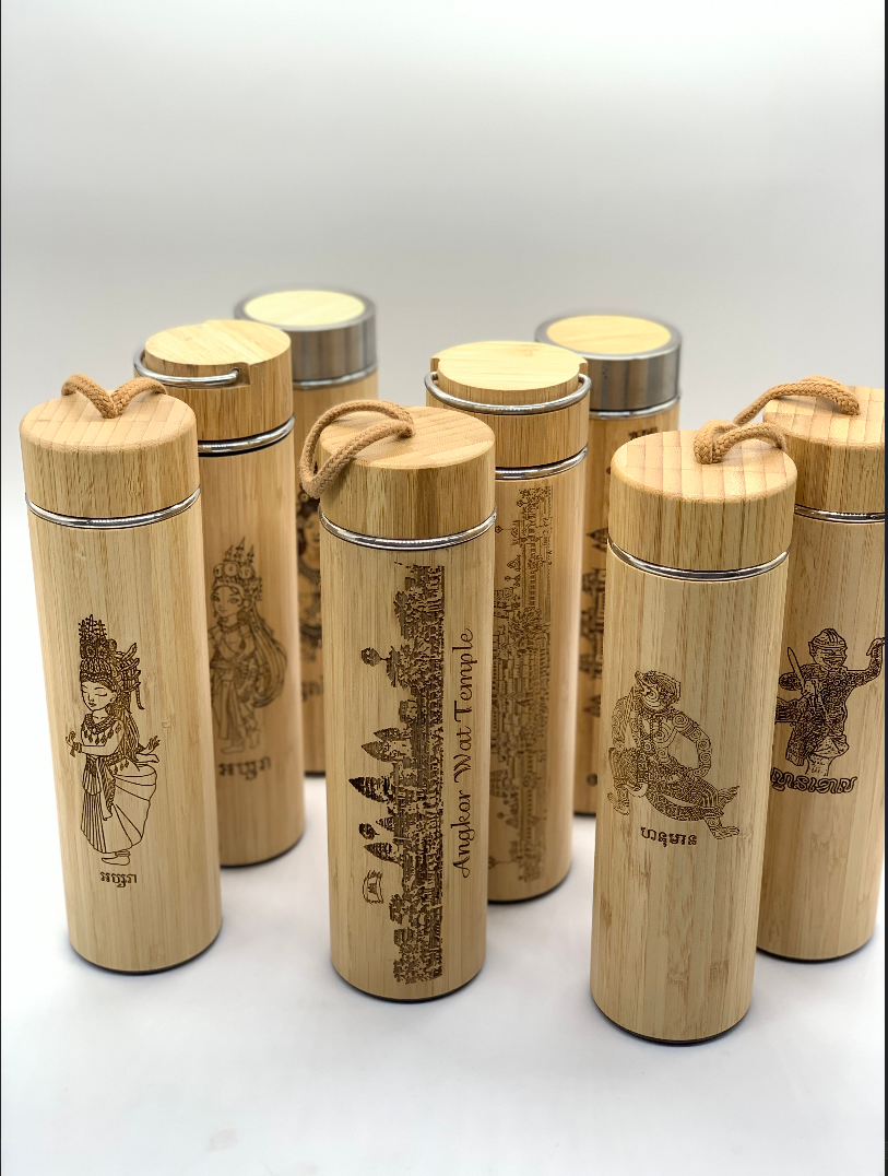 Drinking Bamboo Bottle Wood Cover With String